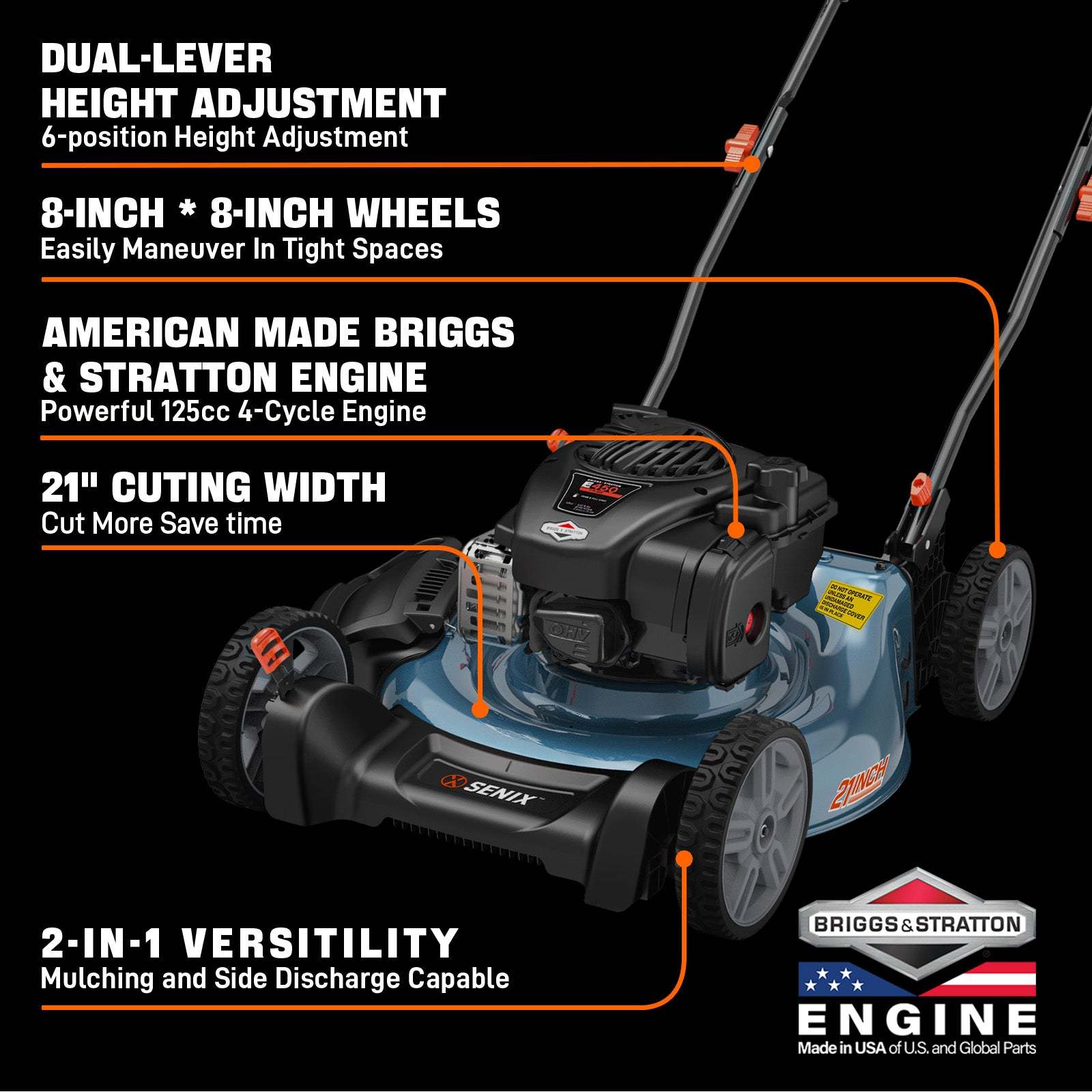 Cortadora de césped manual SENIX de 21" y 125 cc con motor Briggs & Stratton de 4 tiempos, con triturador 2 en 1 y descarga lateral.